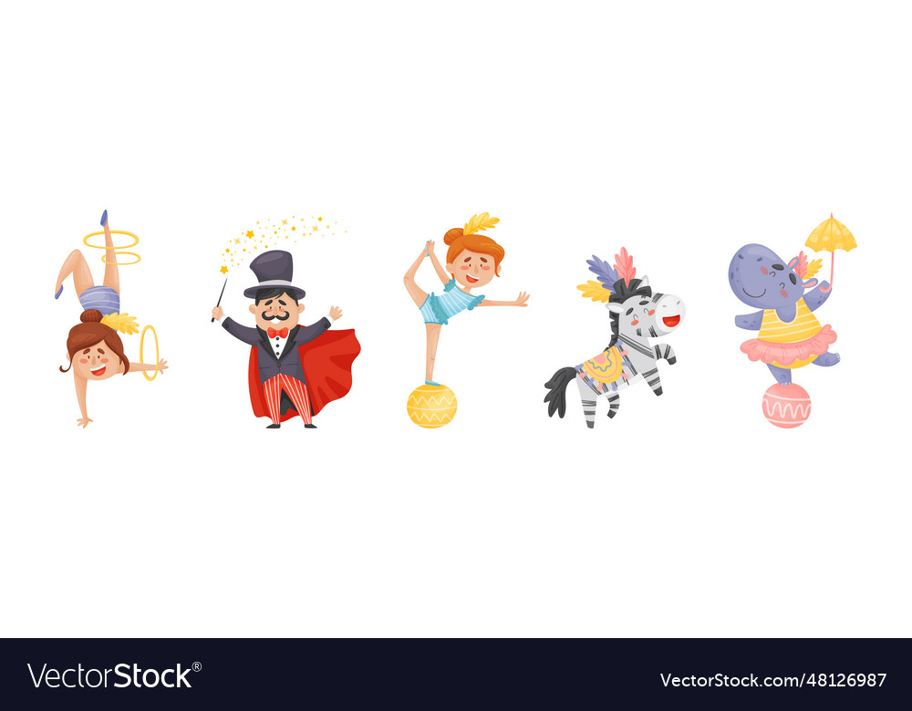 Circus characters performing trick with acrobat vector image Circus characters performing trick with acrobat