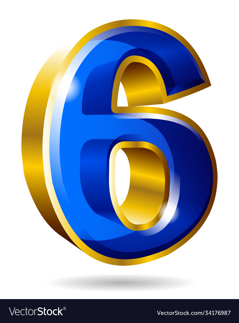 Golden and blue number 6 isolated on white Vector Image