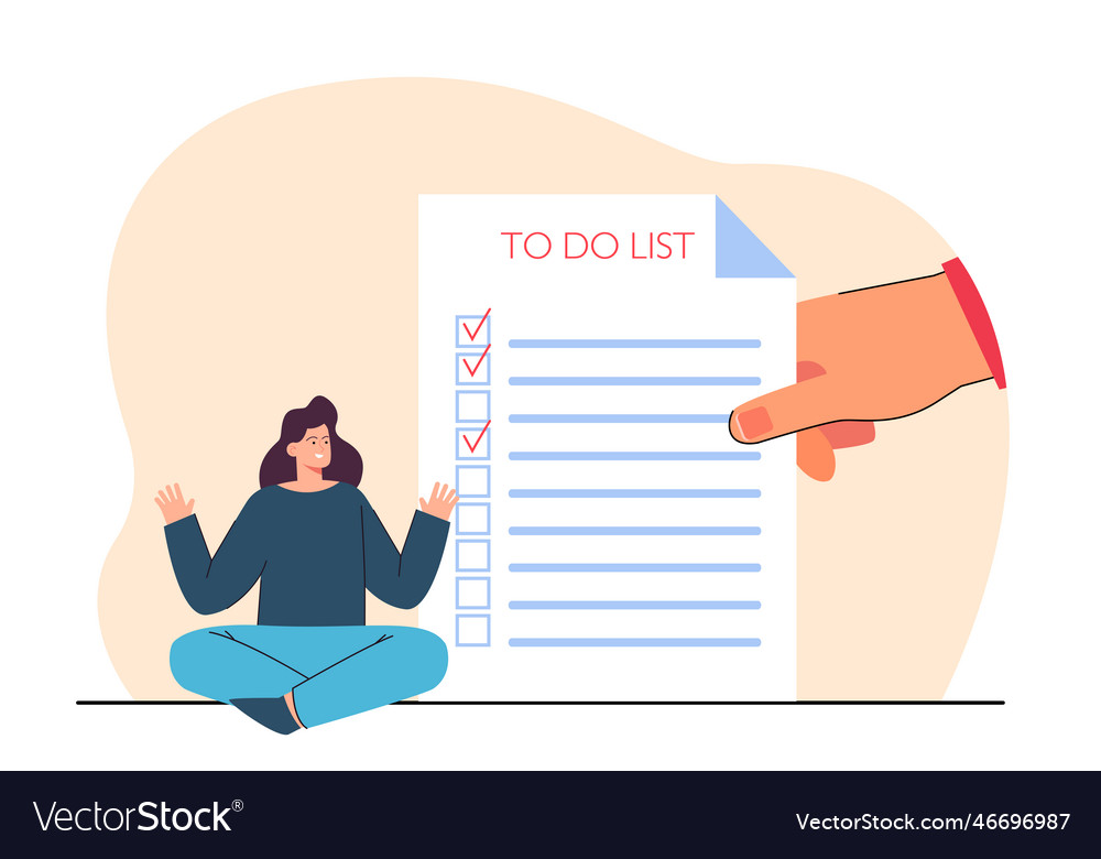 Tiny smiling woman sitting next to huge paper