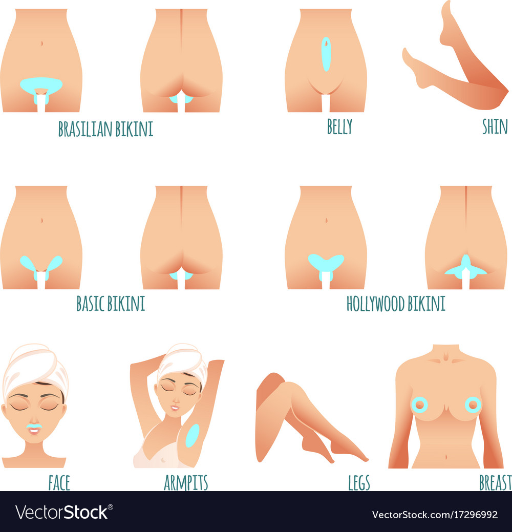 Area hair removal icons set marked epilation