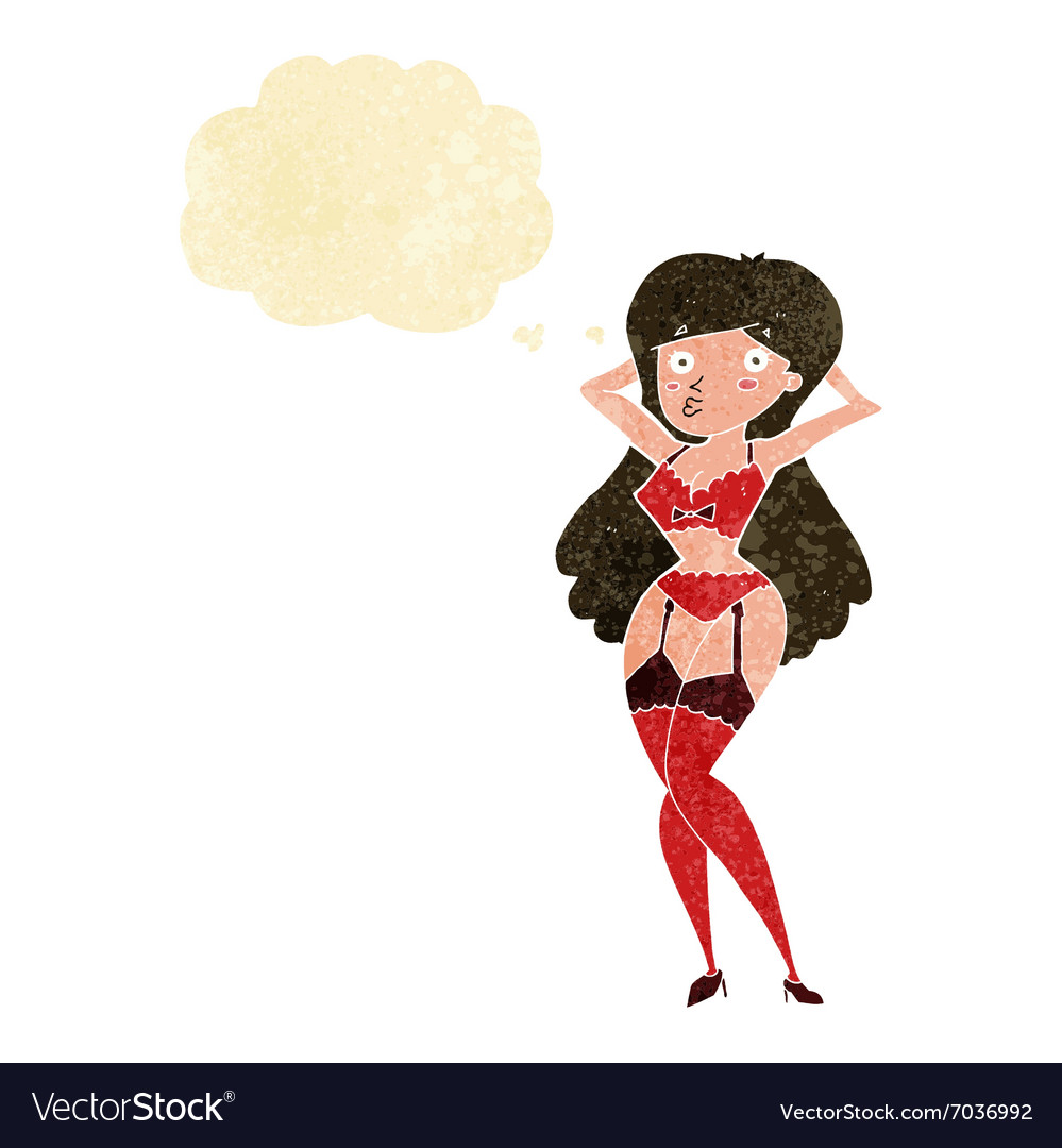 Cartoon woman in lingerie with thought bubble