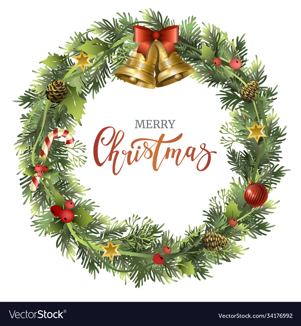 Christmas wreath with jingle bells fir branches Vector Image Christmas wreath with jingle bells fir branches