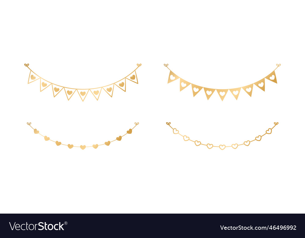 Golden flags with heart pattern set festive vector image Golden flags with heart pattern set festive