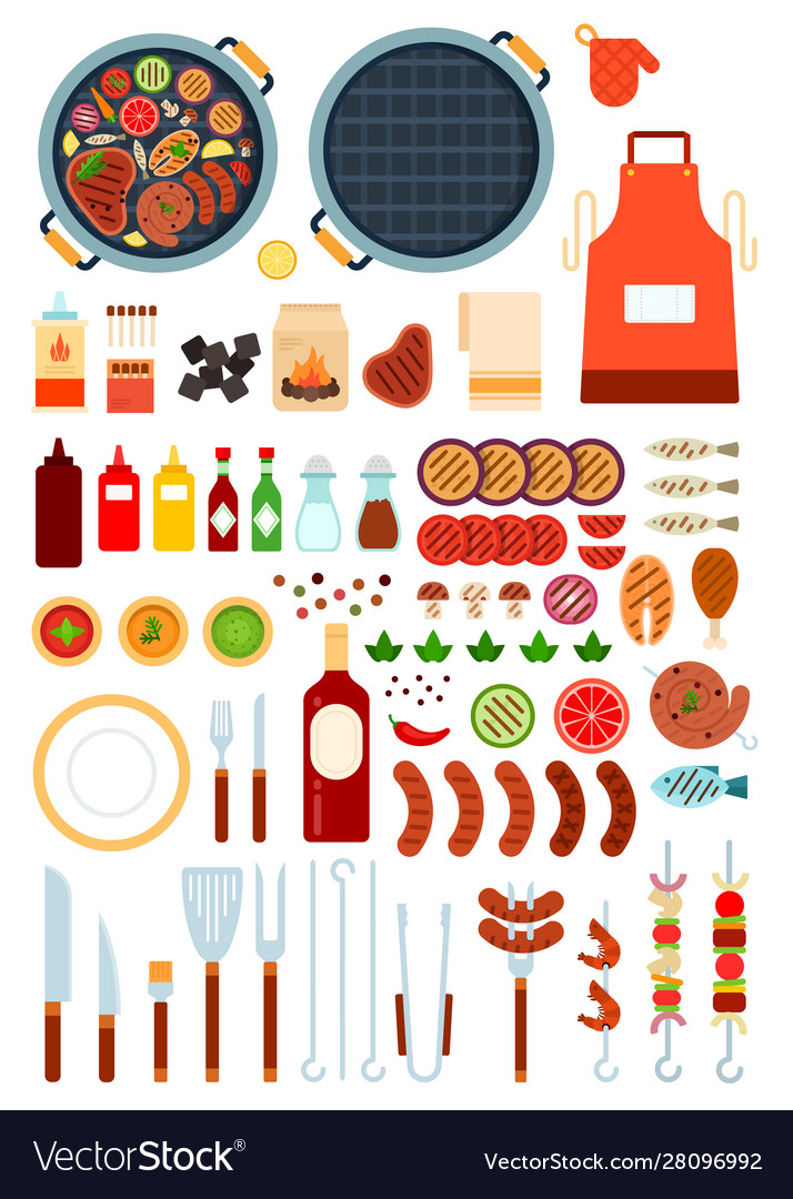 Set grill and beef icons flat Royalty Free Vector Image