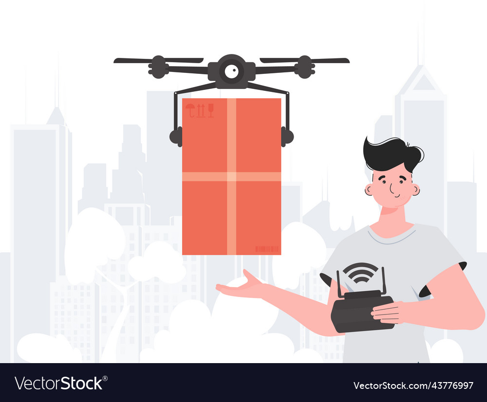A man controls quadcopter with package