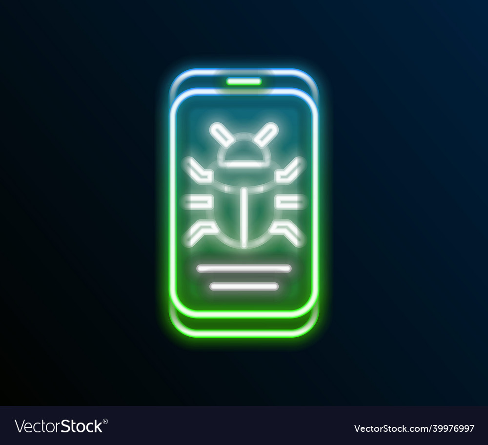 Glowing neon line system bug on mobile icon vector image Glowing neon line system bug on mobile icon
