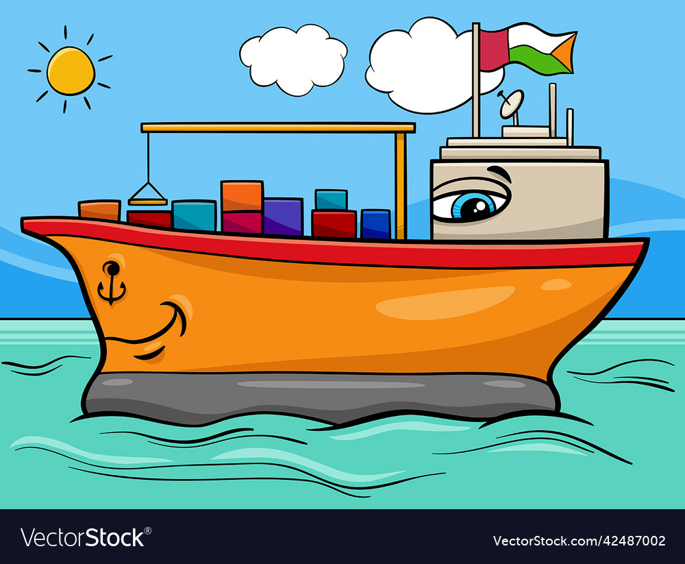 Cartoon Container Ship Character On The Sea Vector Image