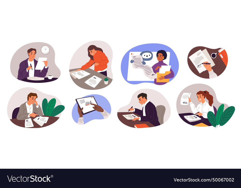 Cartoon people sign document conclusion Royalty Free Vector