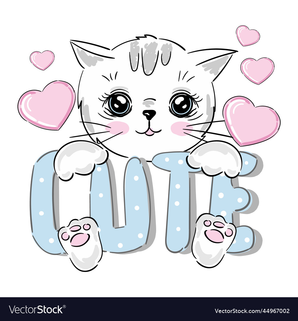 Cat kitten white face head with lettering Vector Image