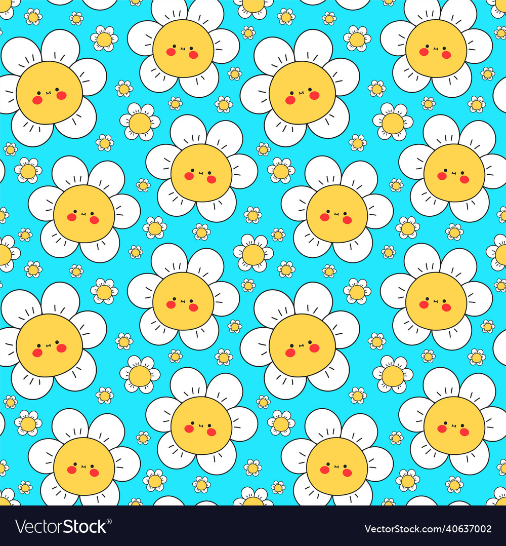 Cute funny kawaii smile face flowers on blue