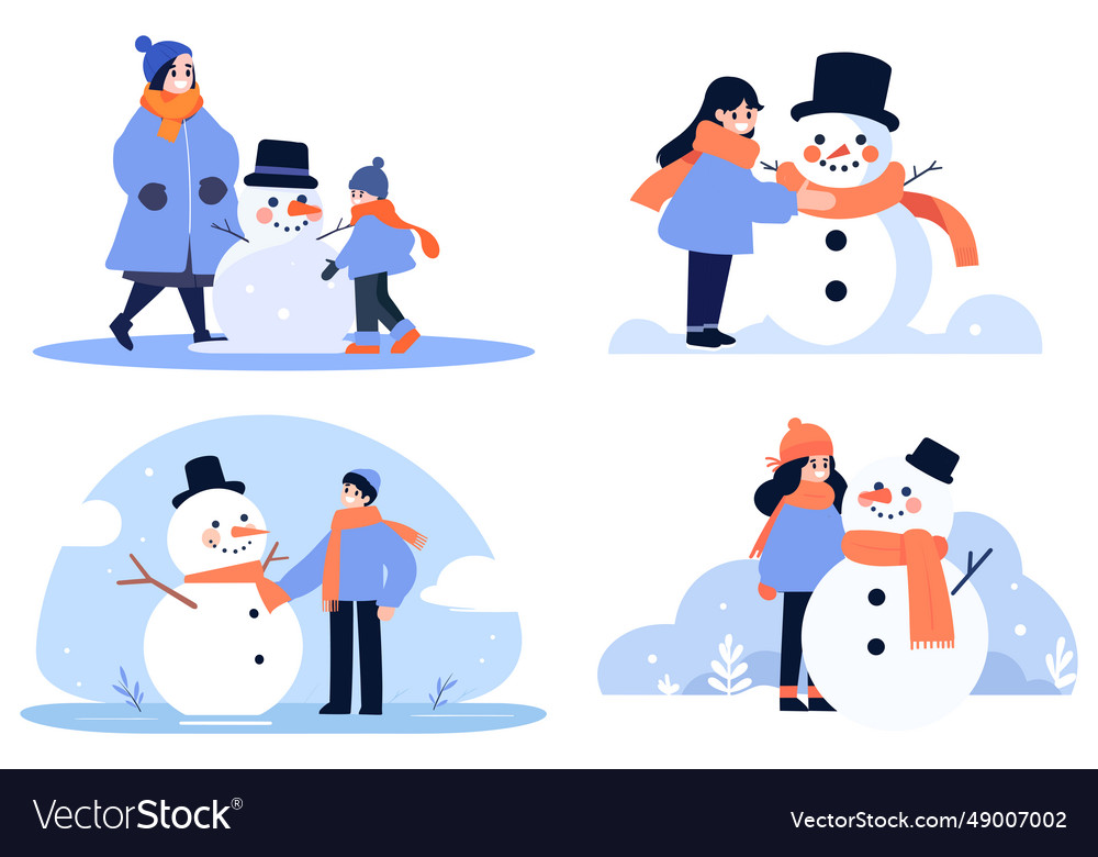Hand drawn child character playing with snowman vector image Hand drawn child character playing with snowman