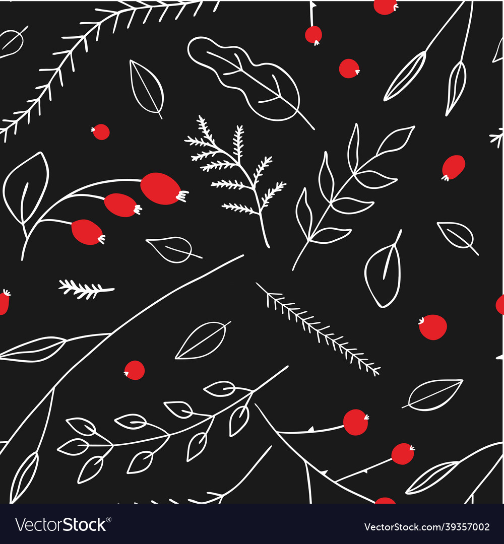 Seamless pattern with twigs and red berries vector image Seamless pattern with twigs and red berries