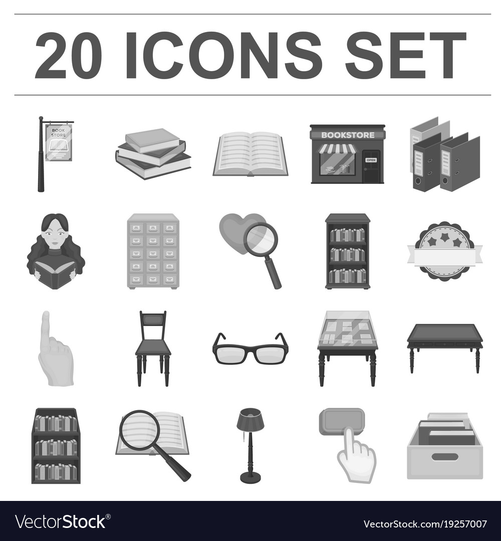 Library and bookstore monochrome icons in set