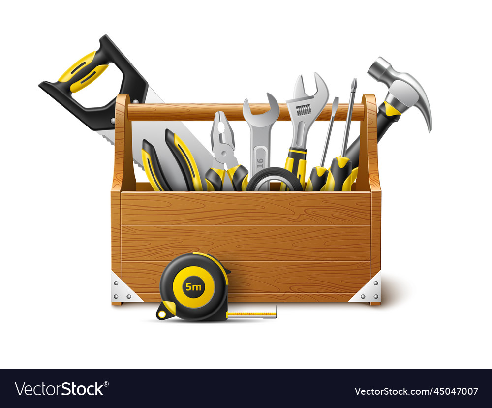 Realistic tool box wooden chest with different Vector Image