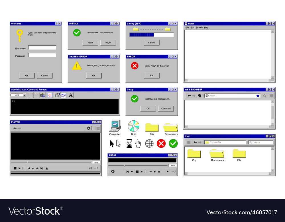 Old program windows collection Royalty Free Vector Image