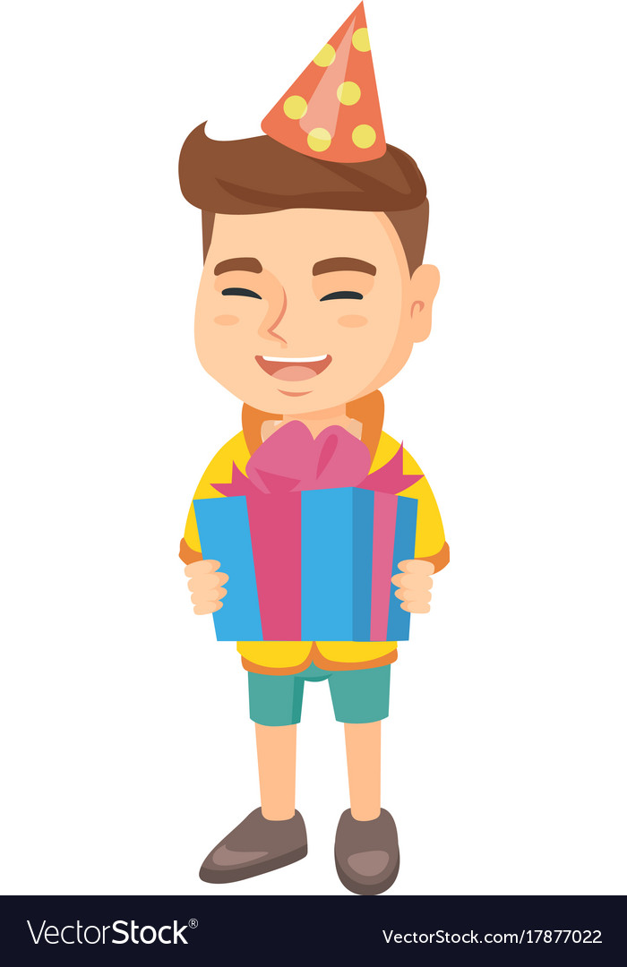 Caucasian Boy In Birthday Cap Holding Gift Box Vector Image