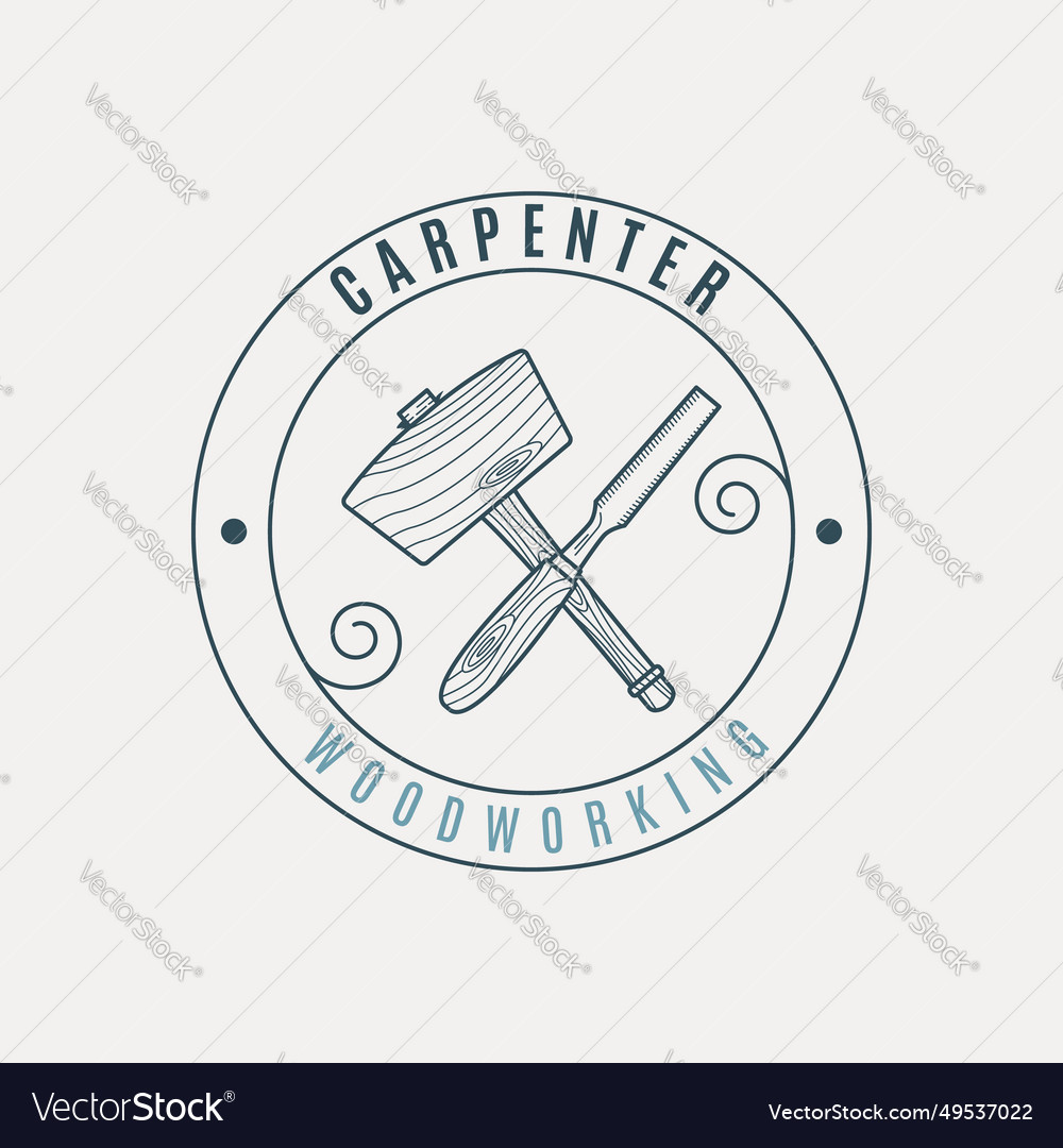 Mallet and chisel line art logo with emblem