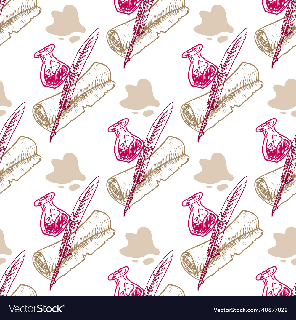 Seamless pattern of scroll feather and inkwell