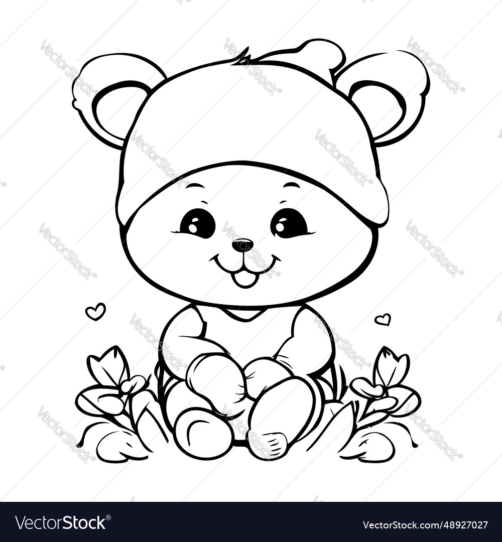 Black and white cartoon of cute bear animal