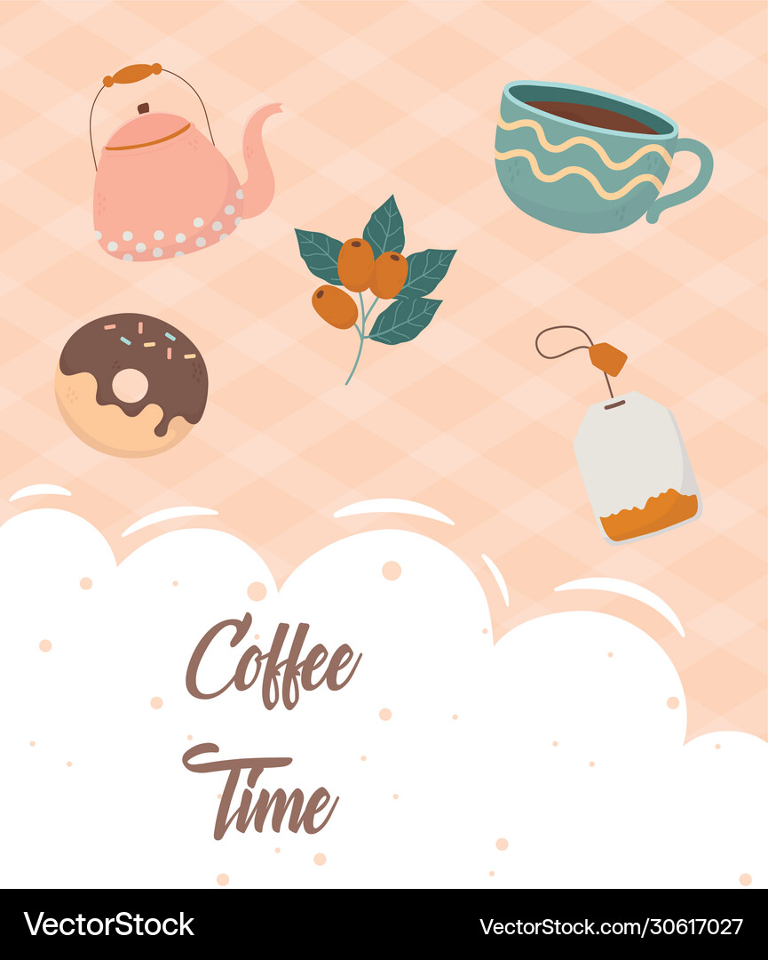 Coffee time donut teapot cup tea bag fresh Vector Image