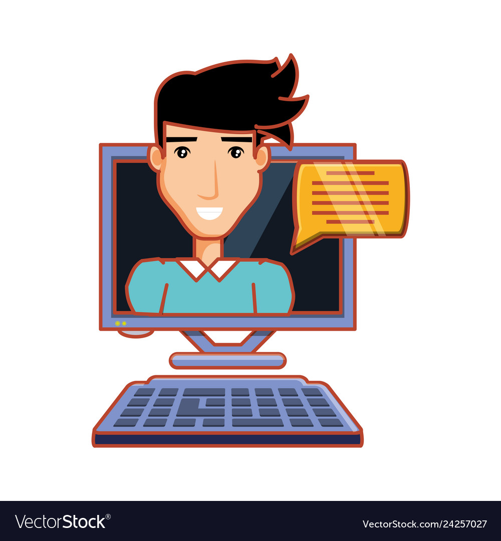 Mann mit Computer-Desktop und Sprachblase