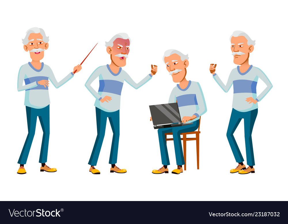 Asian Old Man Set Gray Hair Elderly Royalty Free Vector