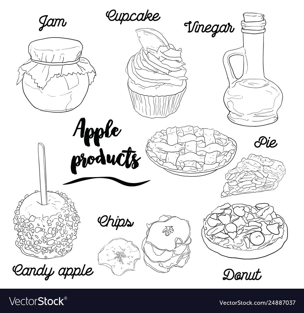 Hand drawn black and white apple fruit products