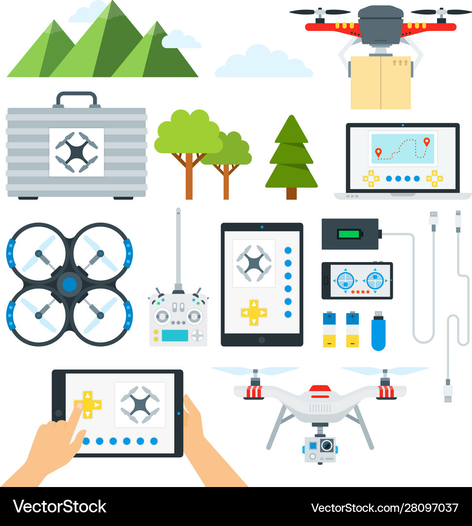 Set drone tools flat Royalty Free Vector Image