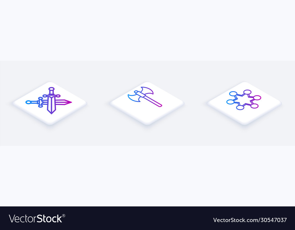 Set isometrische Linie gekreuzt mittelalterliches Schwert