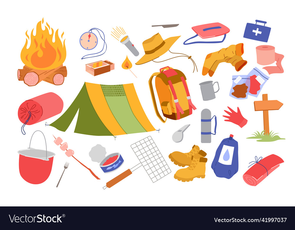 Set of camping equipment and tools for outdoor