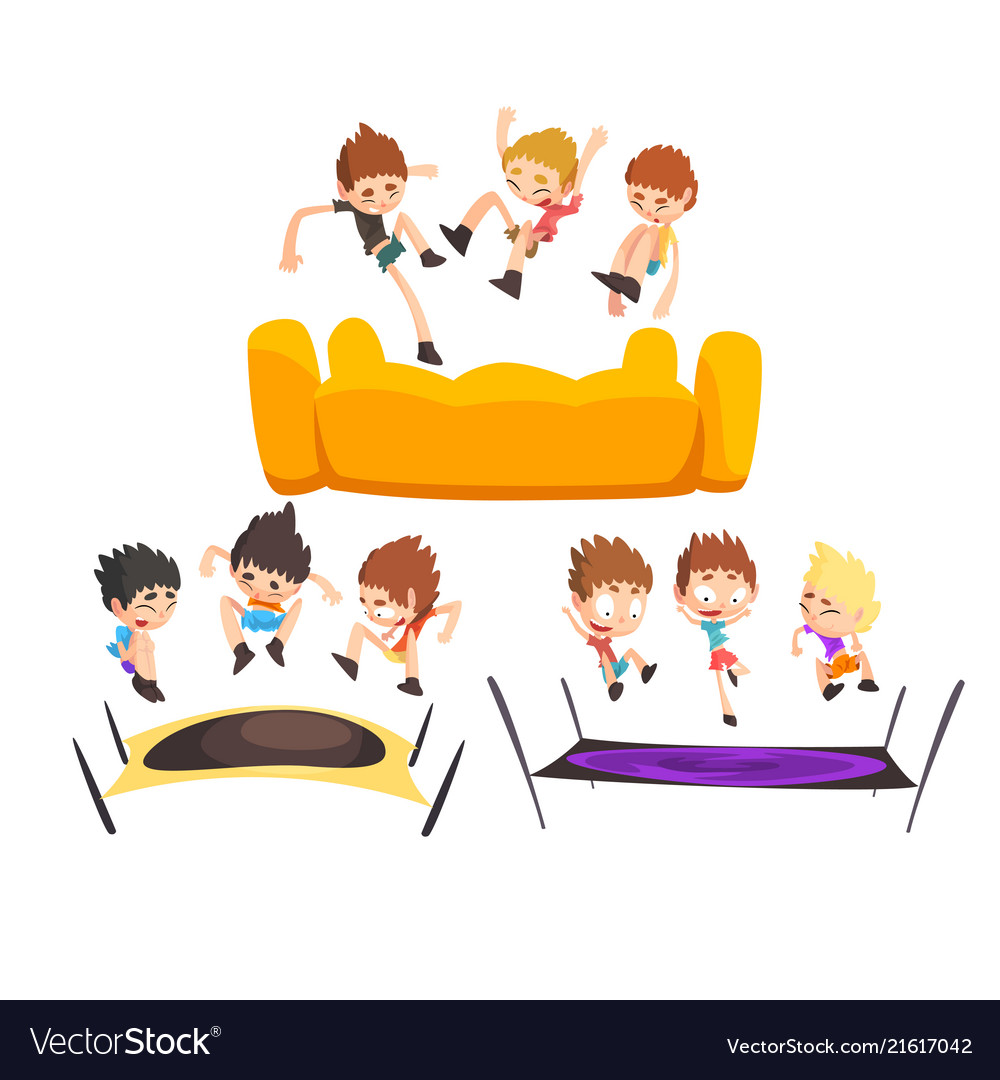 Boys jumping on trampoline happy bouncing kids Vector Image