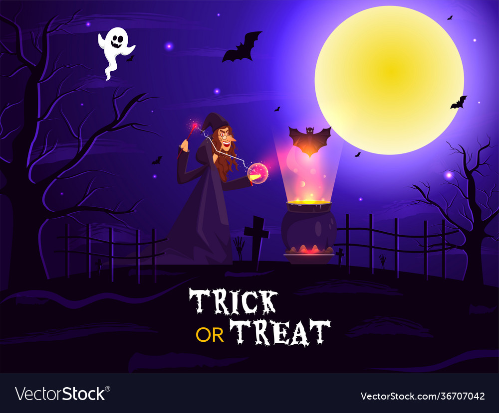 Witch doing magic from wand with boiling cauldron