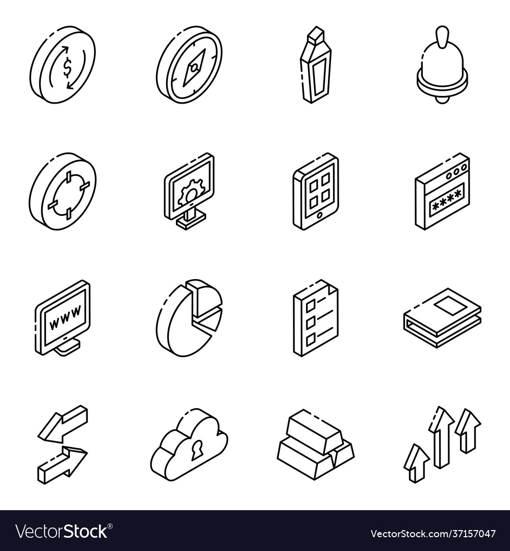Pack statistics and web linear isometric icons vector image Pack statistics and web linear isometric icons