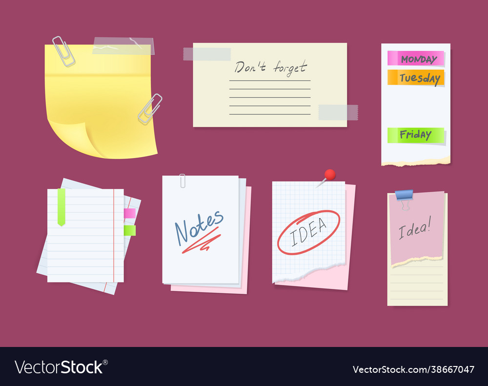 Paper notes on stickers reminders notepads memo vector image Paper notes on stickers reminders notepads memo