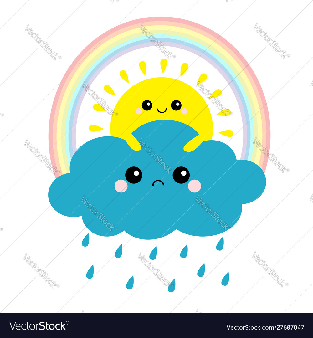 Sun holding cloud rainbow set smiling and sad