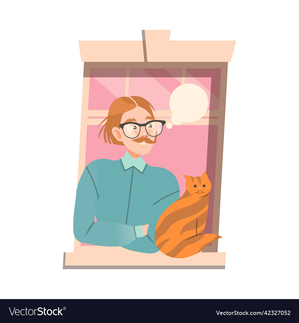 Mustached man in glasses open window with cat