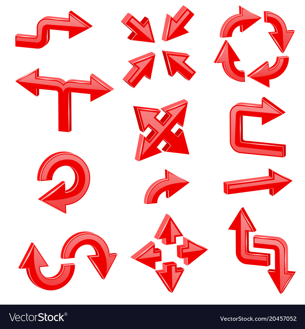 Red 3d arrows set of different shiny web signs