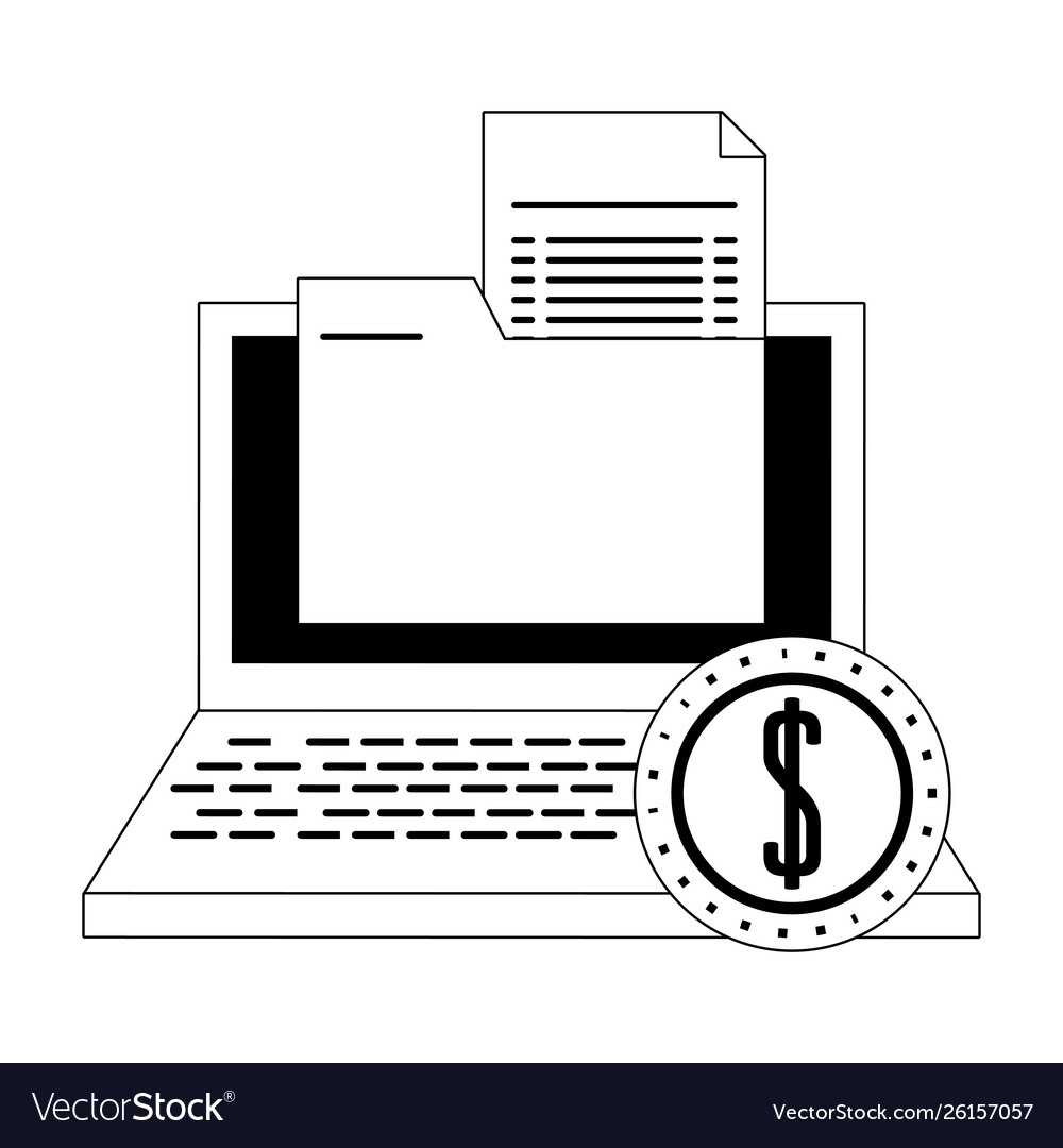 Laptop with document folder and coin symbol