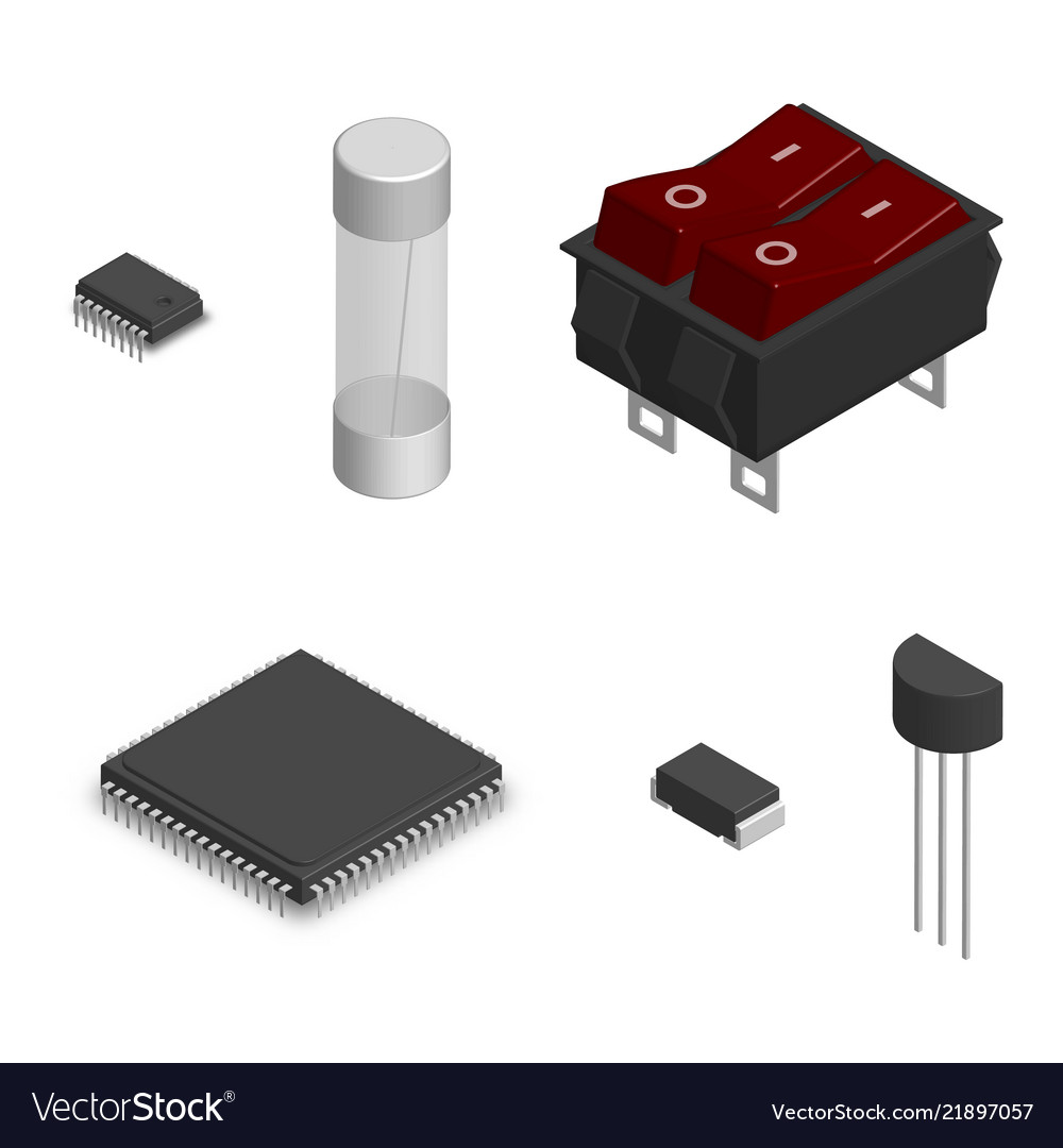 Set of different electronic components in 3d vector image Set of different electronic components in 3d