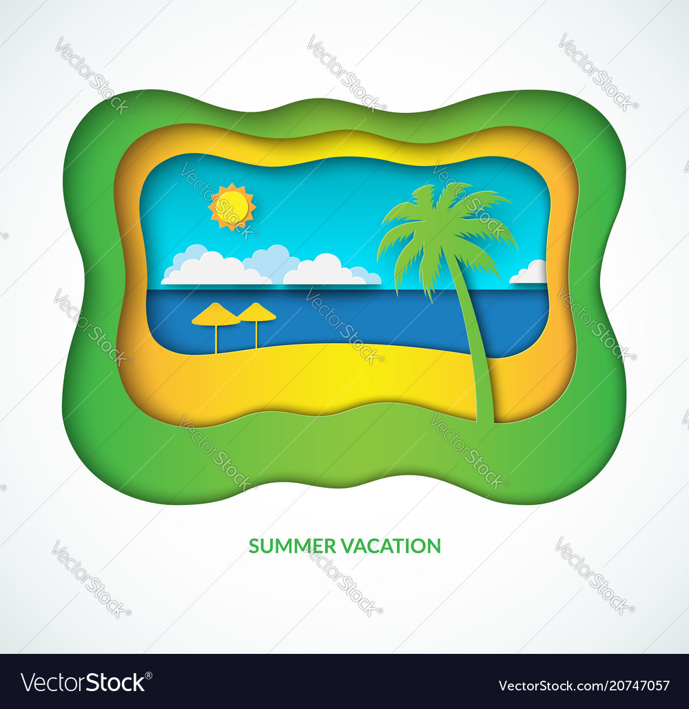 Tropical beach landscape in paper art style vector image Tropical beach landscape in paper art style