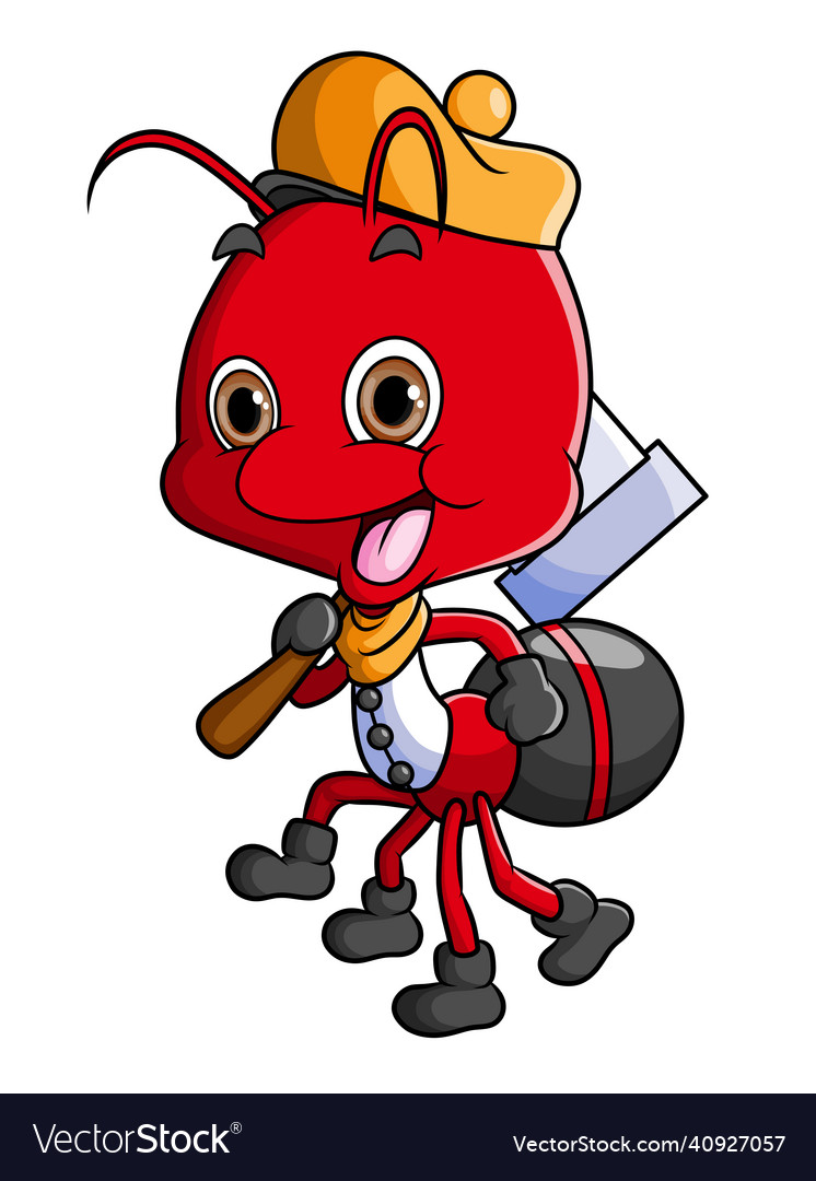 Worker ant is holding a hammer and wearing hat Vector Image