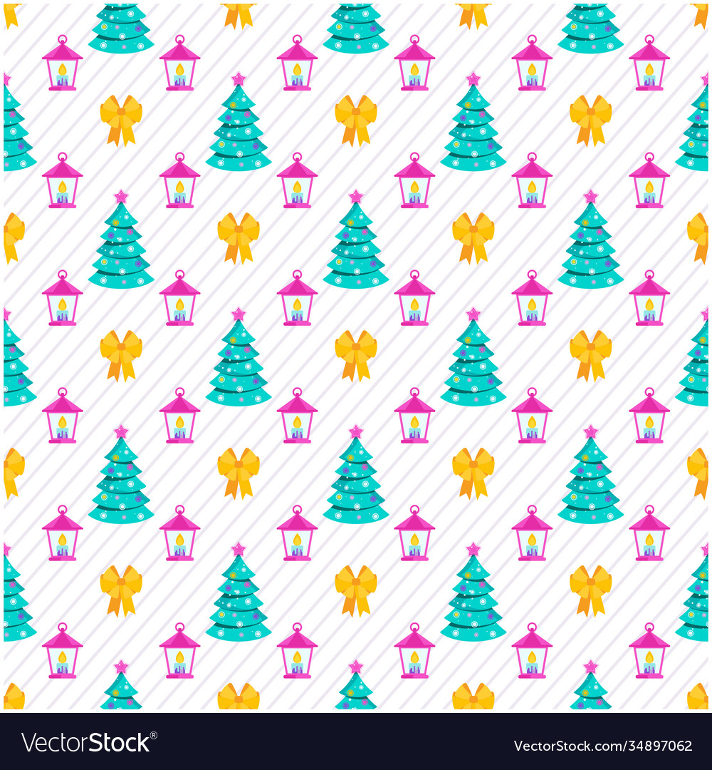 Seamless pattern with bow lantern and tree vector image Seamless pattern with bow lantern and tree