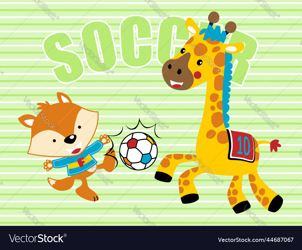 Fox and giraffe cartoon playing soccer Royalty Free Vector