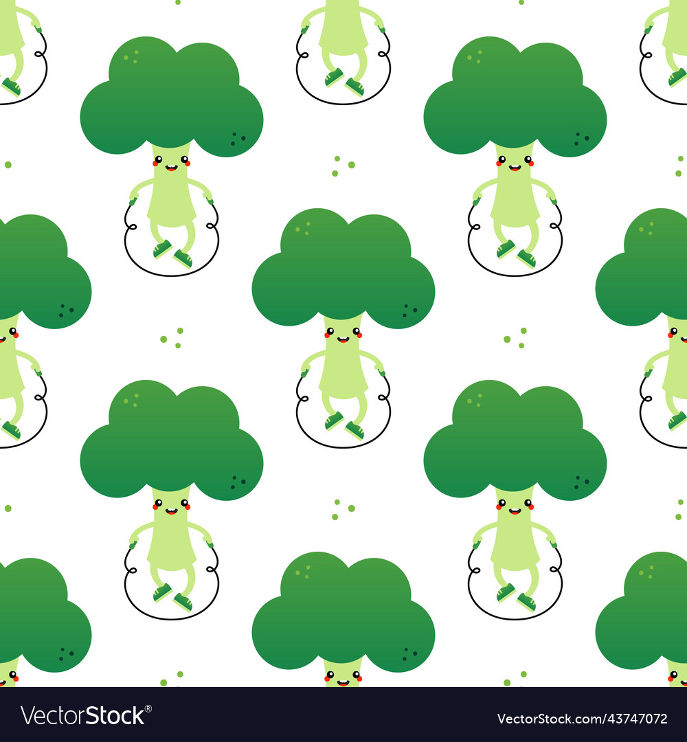 Broccoli character jumping rope workout pattern vector image Broccoli character jumping rope workout pattern