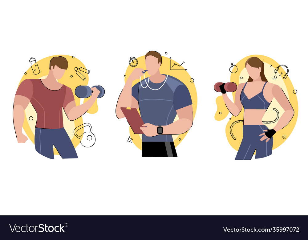 Set drawings fitness characters sports