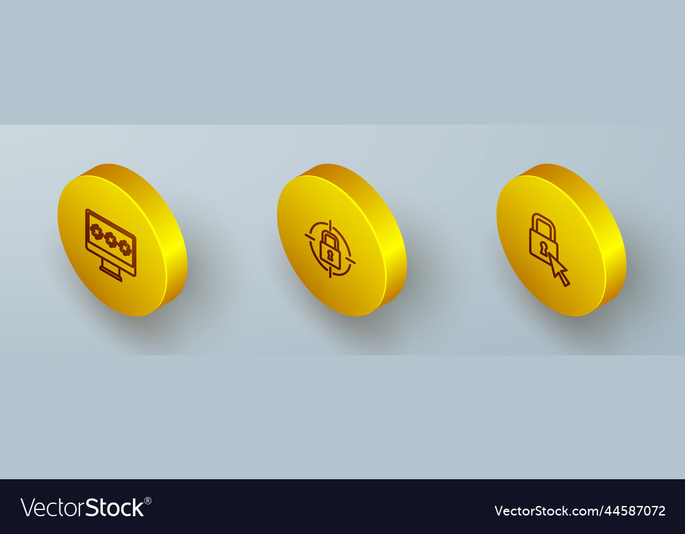 Set isometric line monitor with password lock vector image Set isometric line monitor with password lock