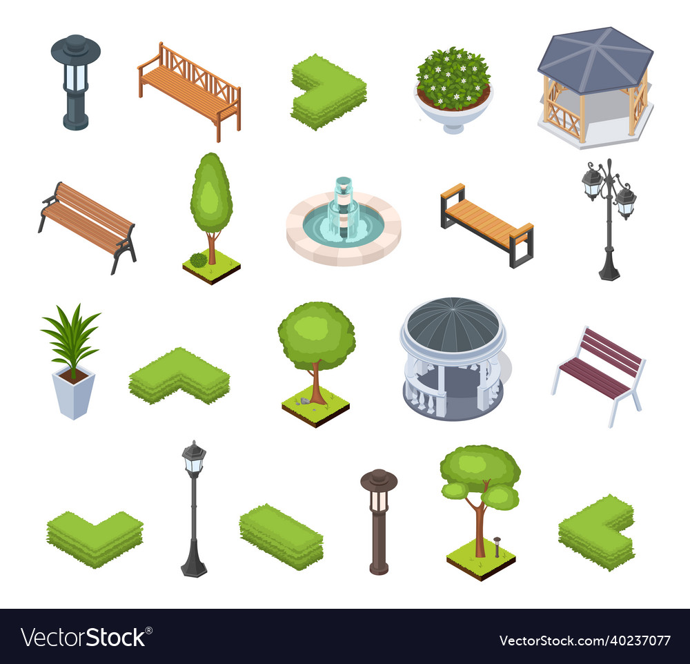 Park elements isometric set Royalty Free Vector Image