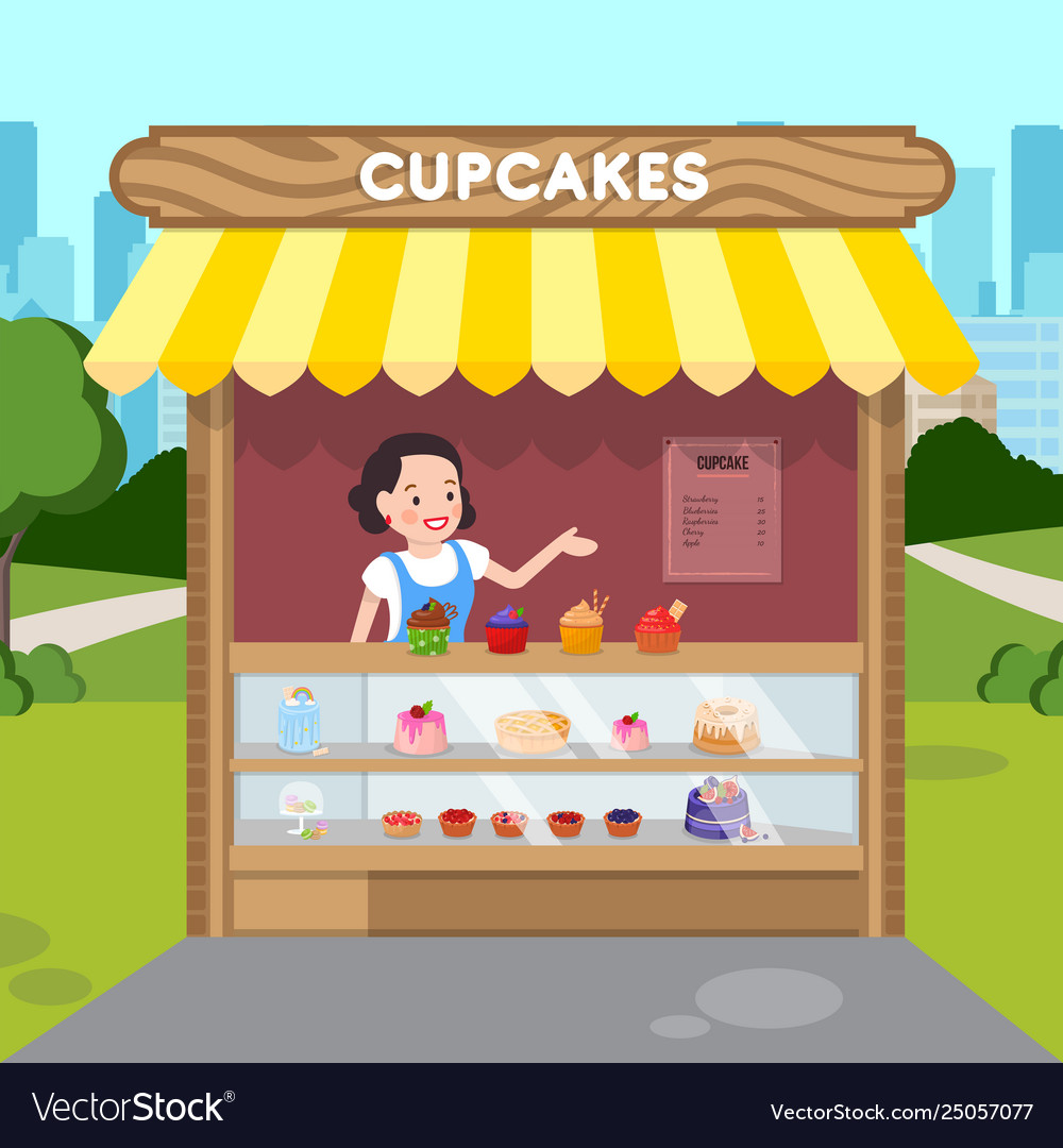 Woman selling cupcakes flat Royalty Free Vector Image