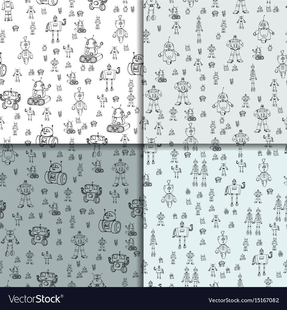 Robot doodles pattern set