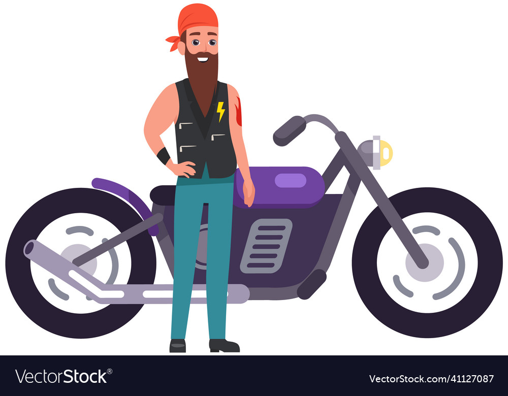 Biker stands near motorcycle stylish bearded man